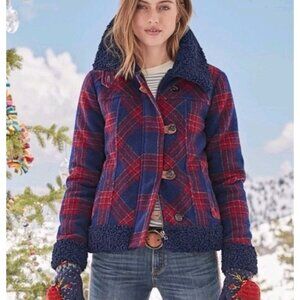 Sundance Womens Coat XS Red Blue Plaid Wool Blend Jacket Faux Fur Greta Lined XS